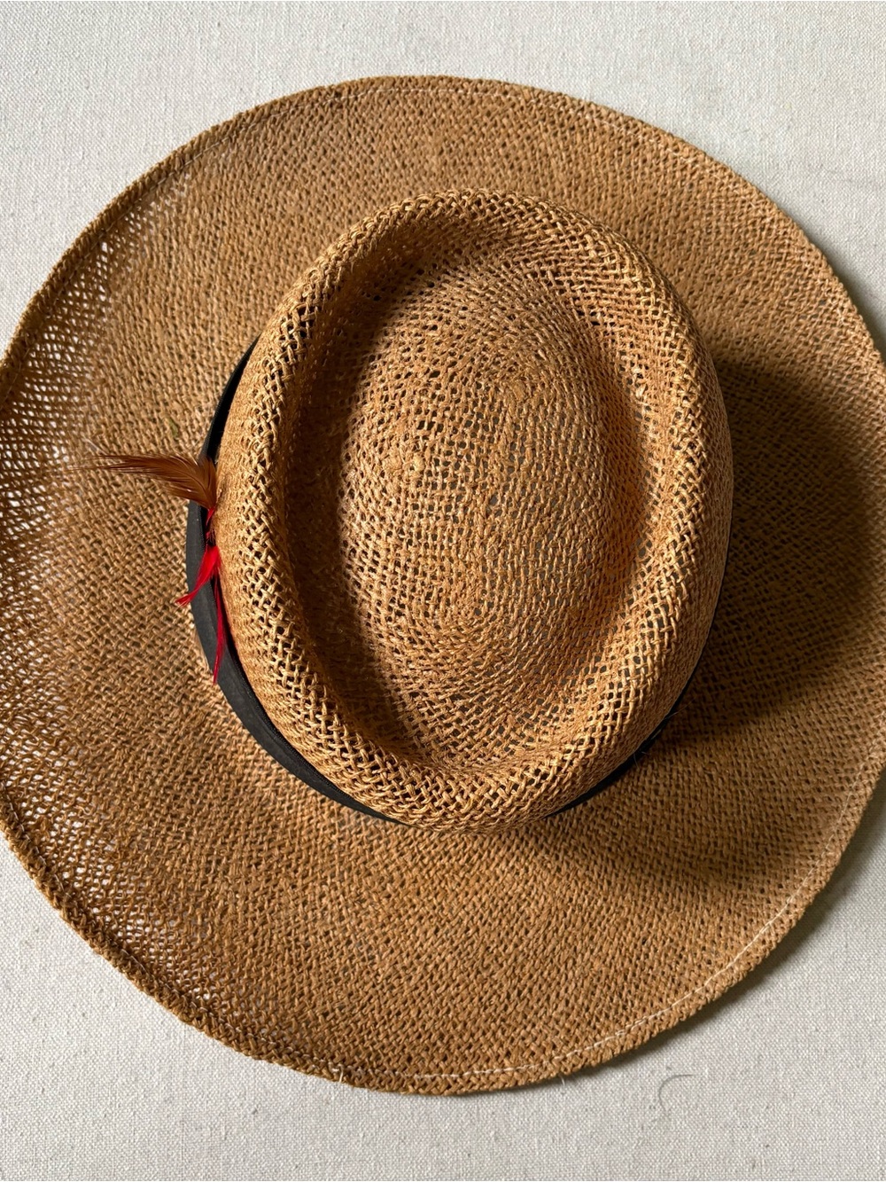 Women’s Natural Brown Straw Sun Hat with Black Band and Feather Trim